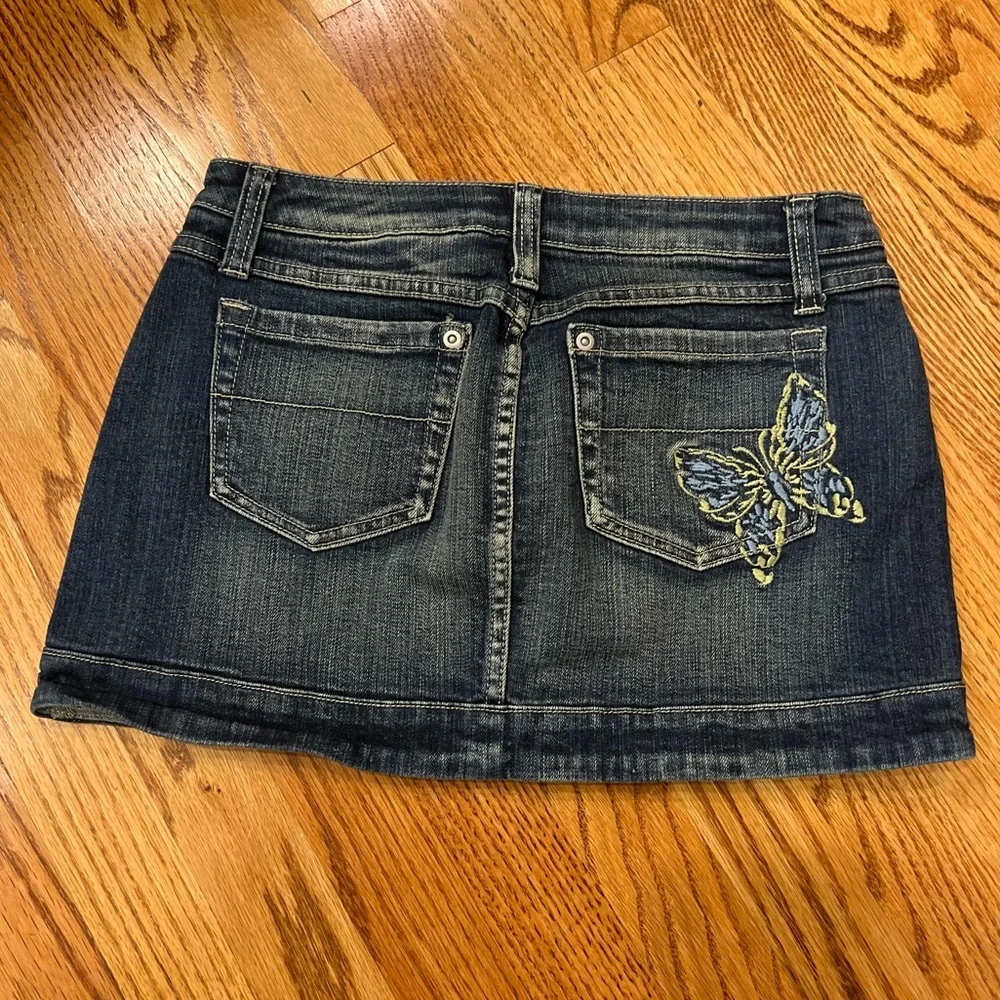 Vintage Y2K Denim Micro Mini Skirt with Butterfly Embroidery No Boundaries Fairy - Picture 2 of 6